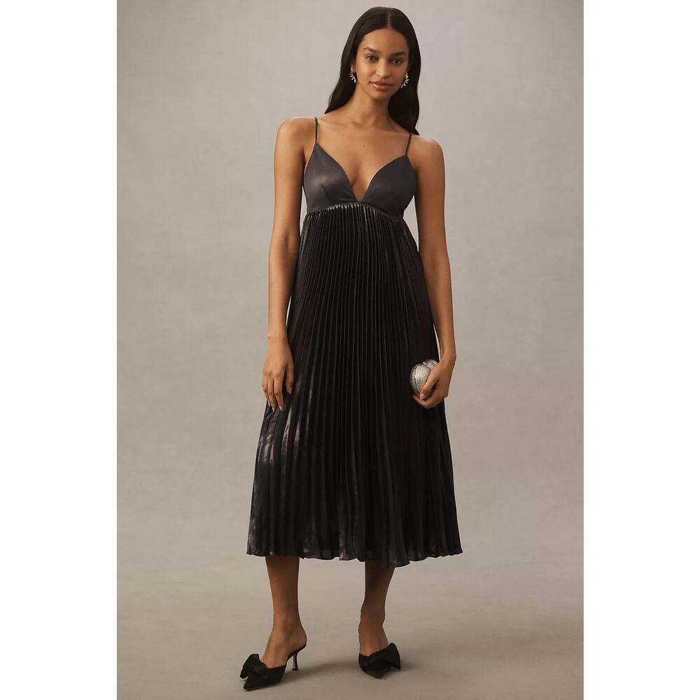 NWT Anthropologie BHLDN Alessia Sleeveless VNeck Pleated Crepe Midi Dress $248 S